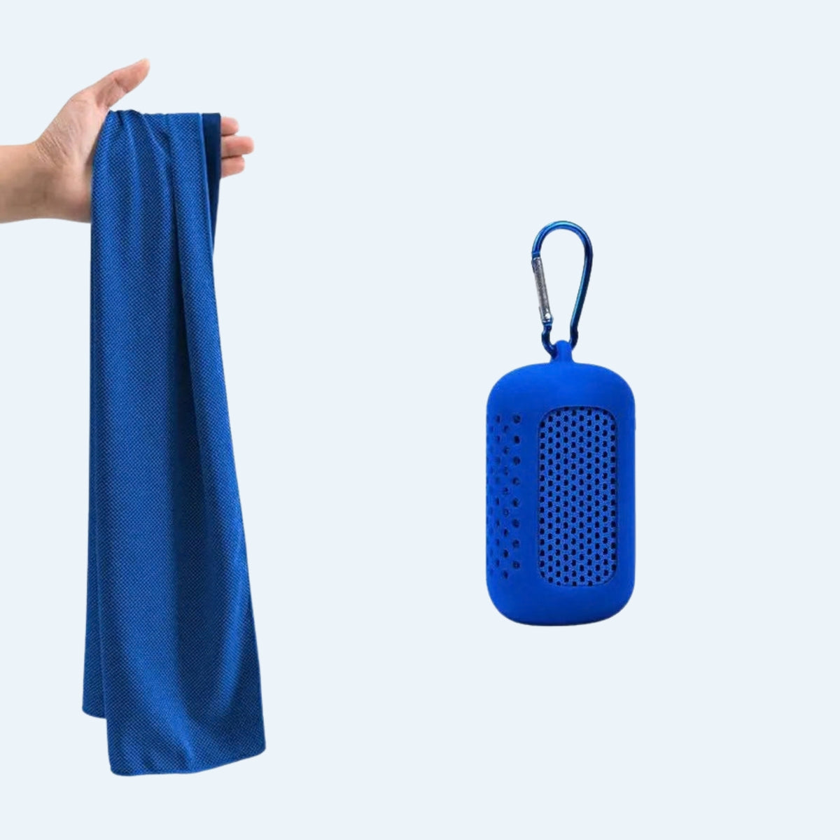 Navy blue cooling towel held up next to its navy silicone clip-on case