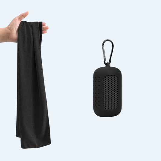 Black cooling towel held up next to its black silicone clip-on case