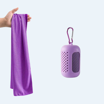 Purple cooling towel held up next to its purple silicone clip-on case