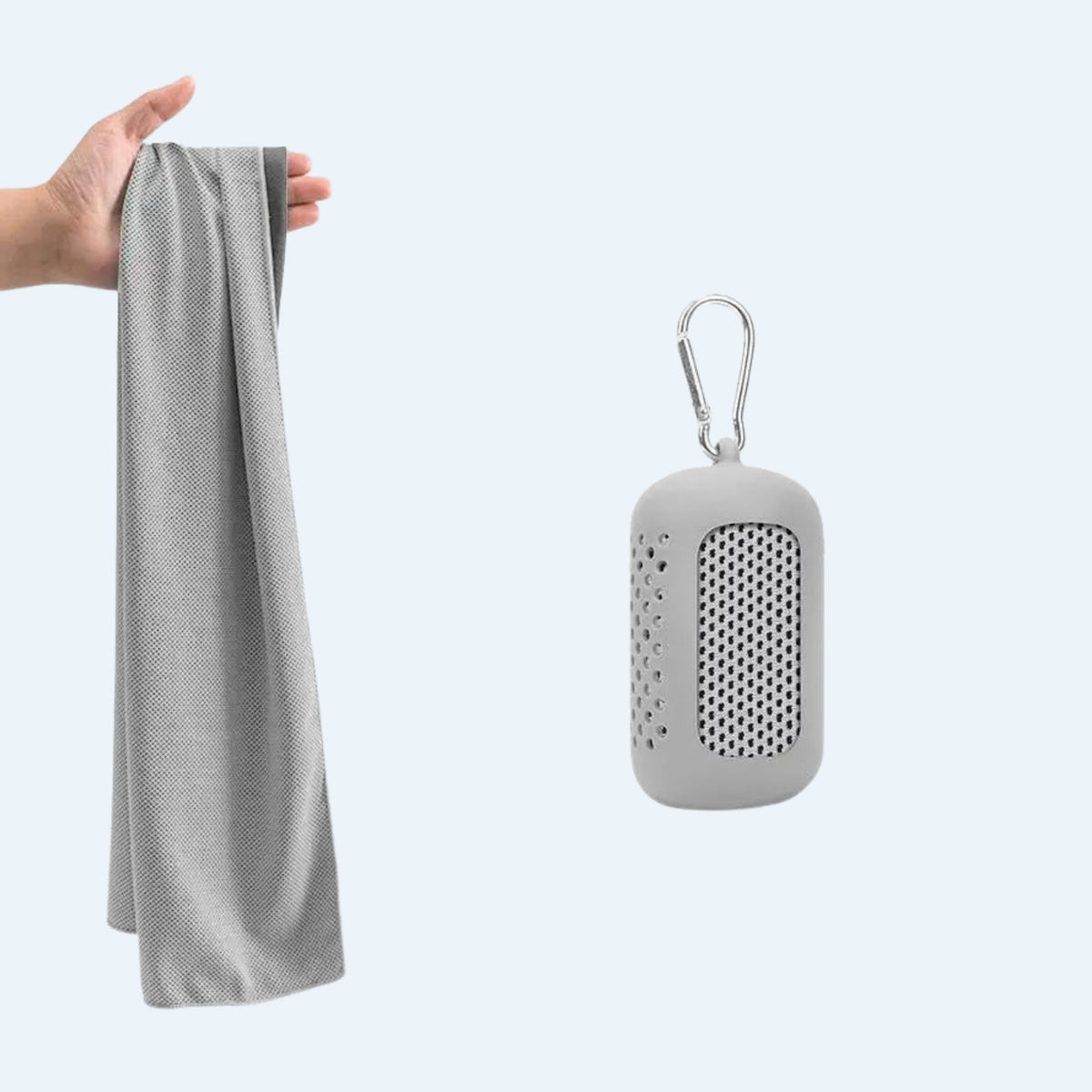 Grey cooling towel held up next to its grey silicone clip-on case