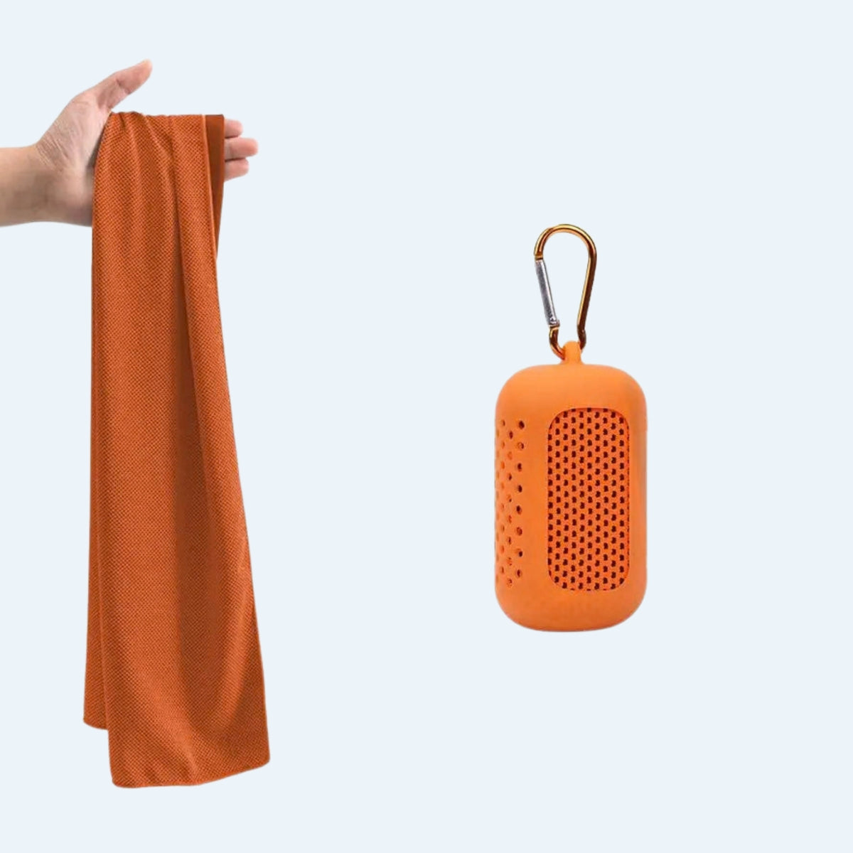 Orange cooling towel held up next to its orange silicone clip-on case