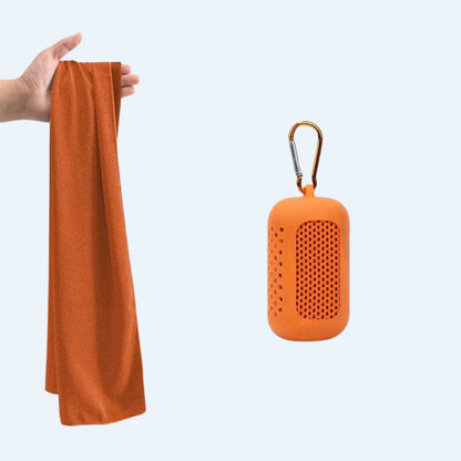 Orange cooling towel held up next to its orange silicone clip-on case