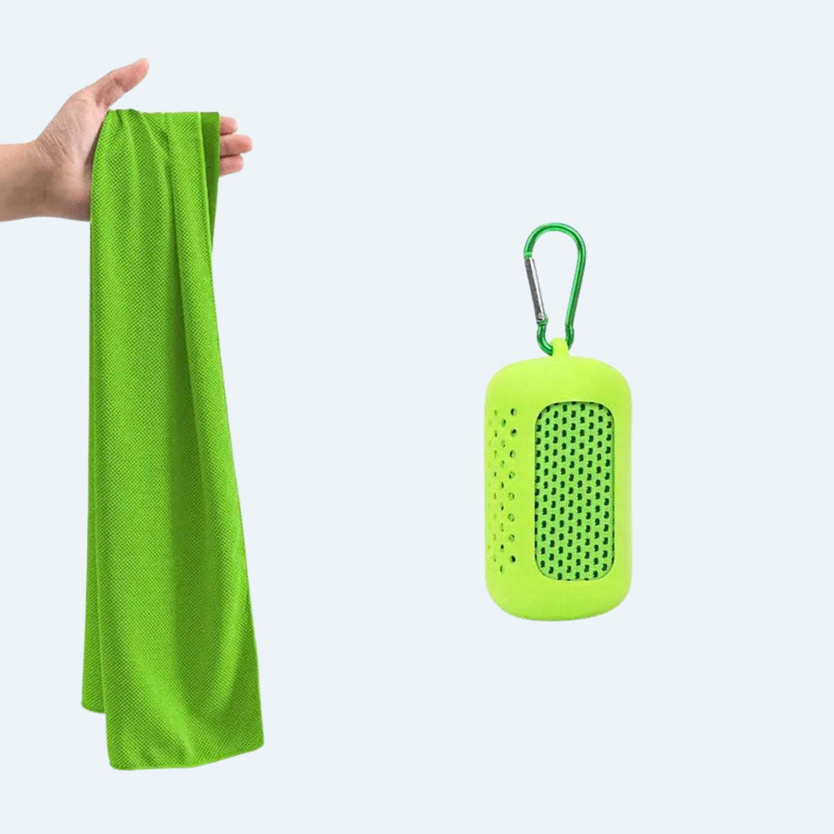 Lime green cooling towel held up next to its lime green silicone clip-on case