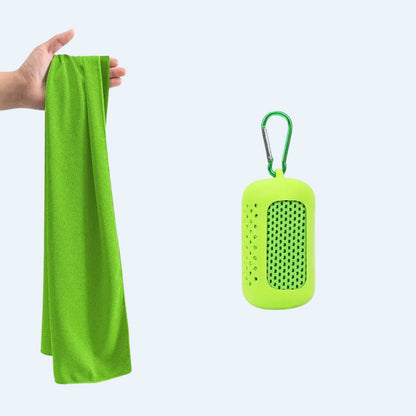 Lime green cooling towel held up next to its lime green silicone clip-on case
