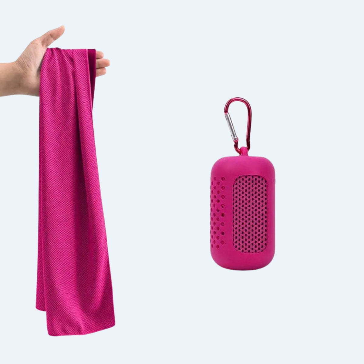 Hot pink cooling towel held up next to its hot pink silicone clip-on case