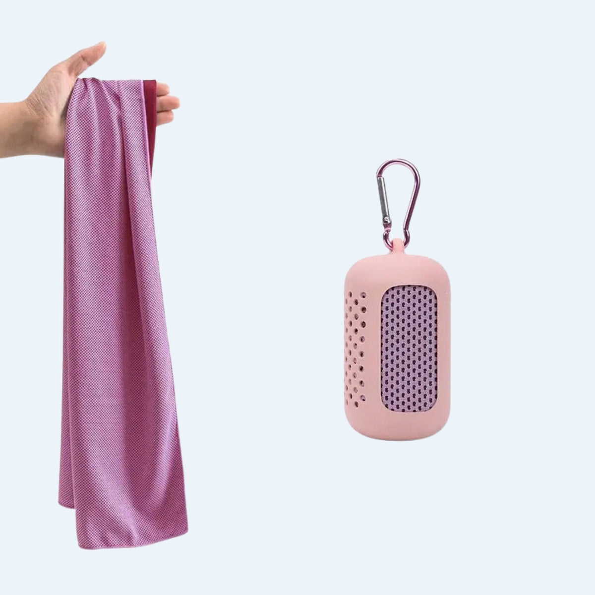 Light pink cooling towel held up next to its light pink silicone clip-on case