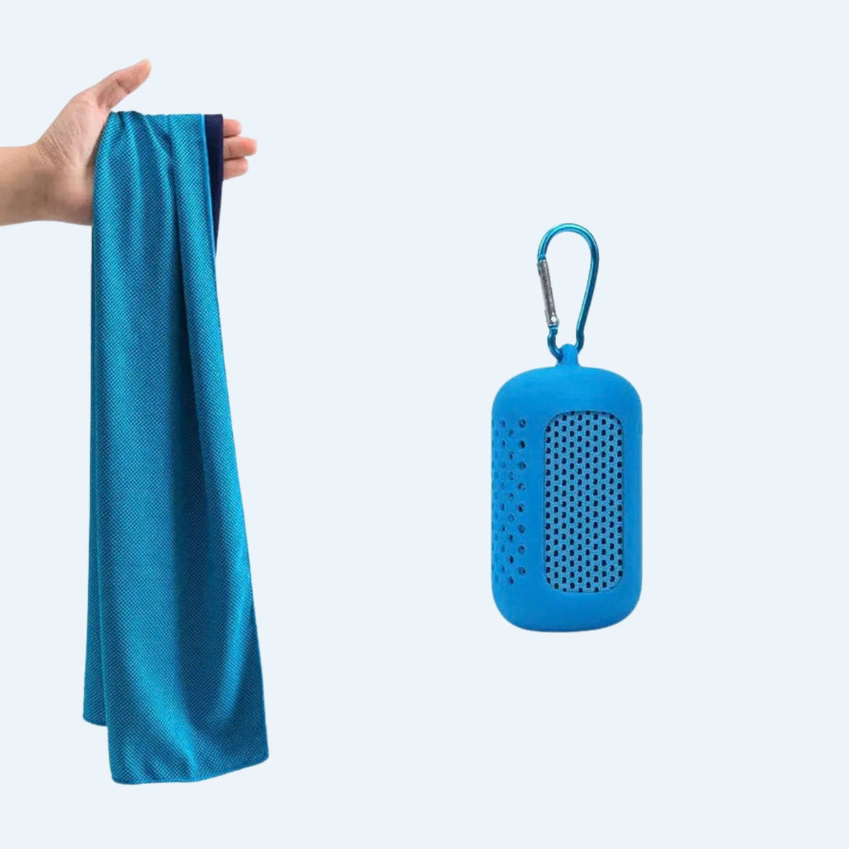 Ocean blue cooling towel held up next to its blue silicone clip-on case