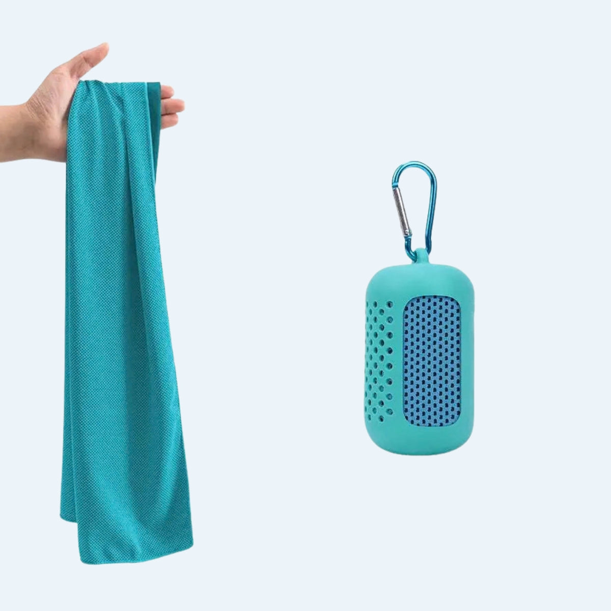 Turquoise cooling towel held up next to its turquoise silicone clip-on case