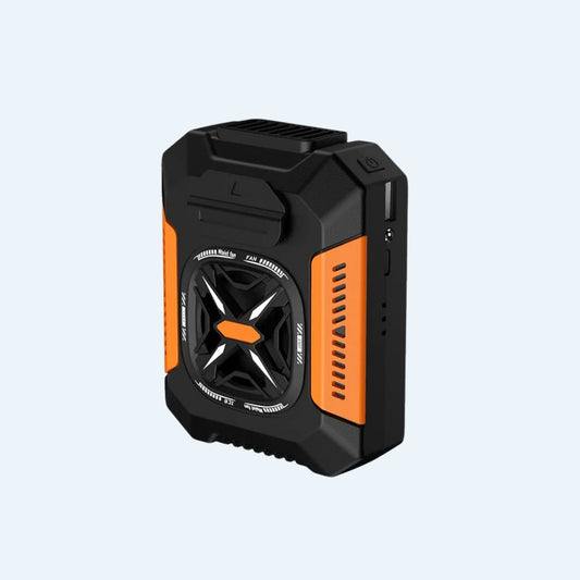 Waist fan in black and orange, shown at a three-quarter angle