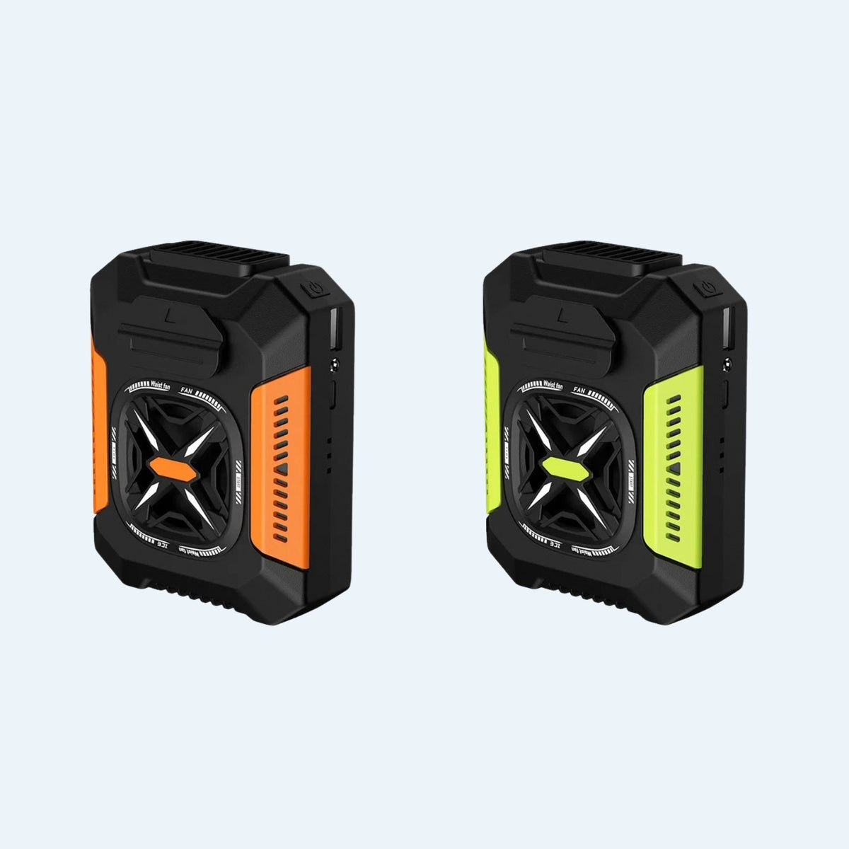 Orange and green waist fans side by side