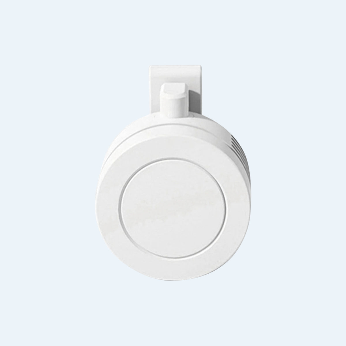 White mini clip fan, front view with the clip on top