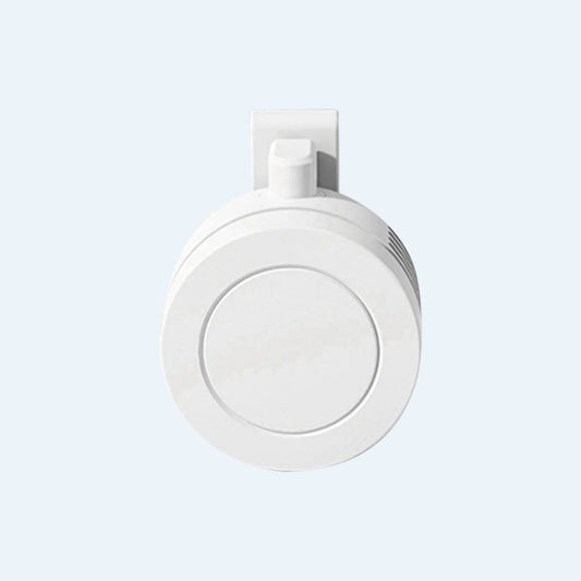 White mini clip fan, front view with the clip on top