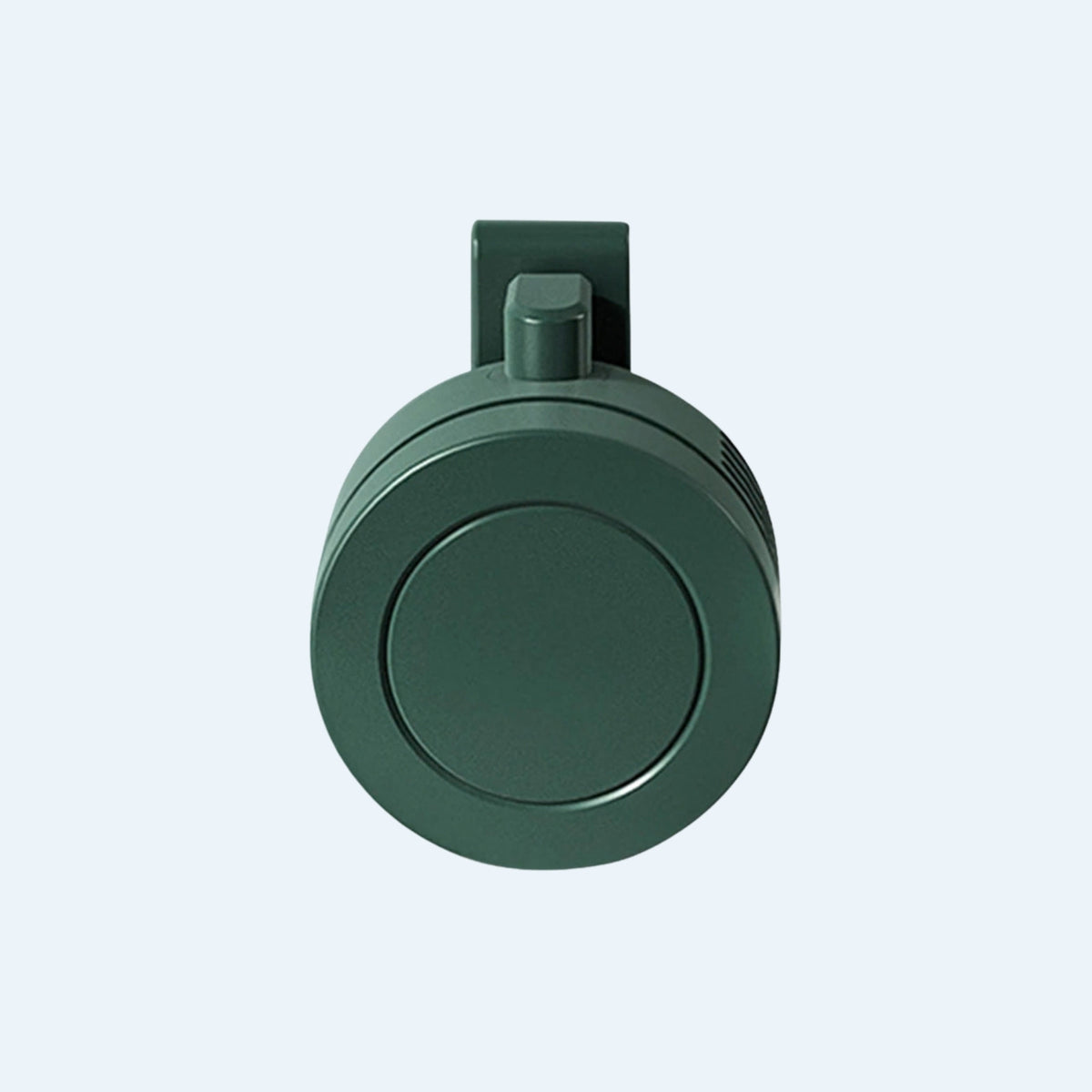 Green mini clip fan, front view with the clip on top