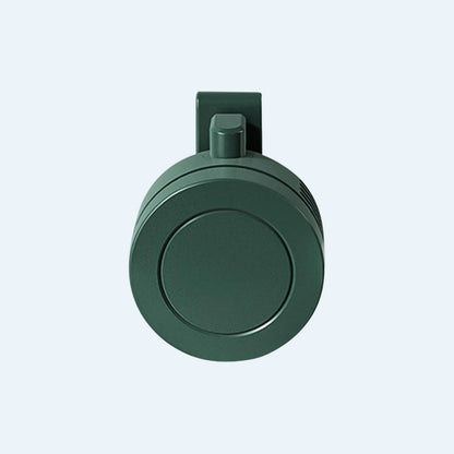 Green mini clip fan, front view with the clip on top