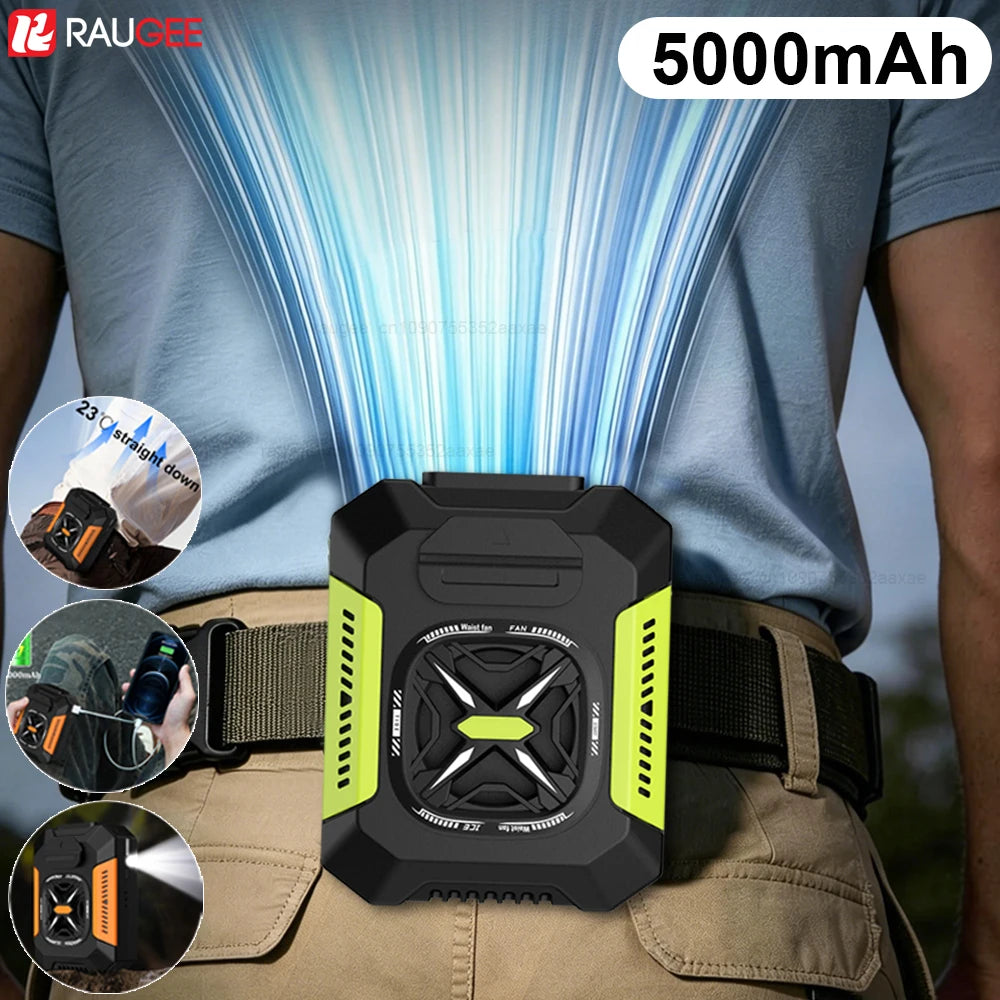 Waist Fan Portable Personal Waist Fan Clip on Belt 5000Mah Rechargeable 3 Speeds with LED Light for Outdoor Capming Travel
