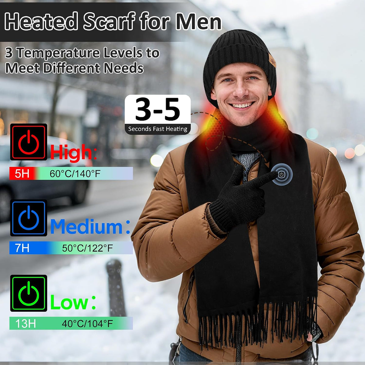 3Pcs Heated Scarf Hat Gloves Set for Women Men 5000Mah Battery