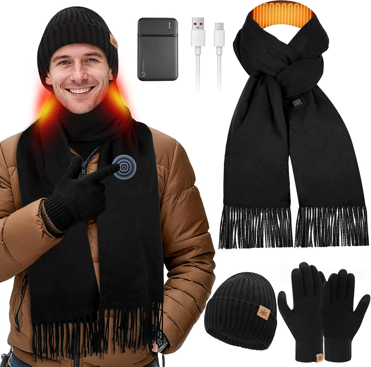 3Pcs Heated Scarf Hat Gloves Set for Women Men 5000Mah Battery