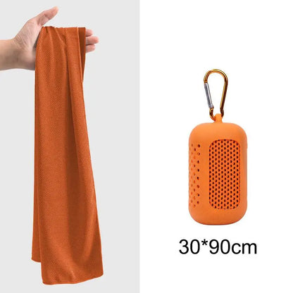 Cooling towel case clipped to a gym bag or backpack strap