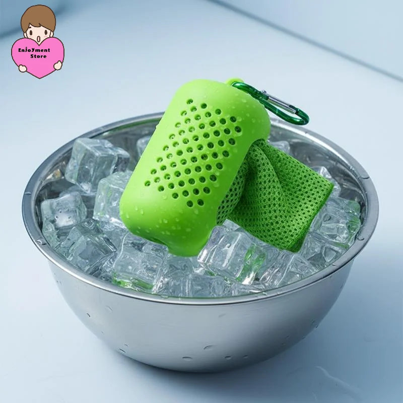 Quick-dry mesh cooling towel packed into its vented silicone case