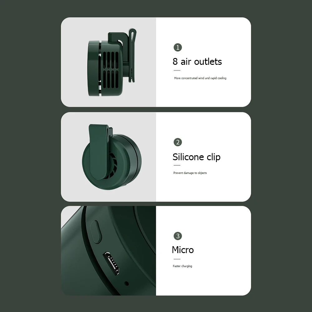 Mini Clip Fan Hanging Waist Neck Fan Girl Electric Air Cooling Fan 900Mah USB Leafless Fan 3 Speeds Portable Cooler Air