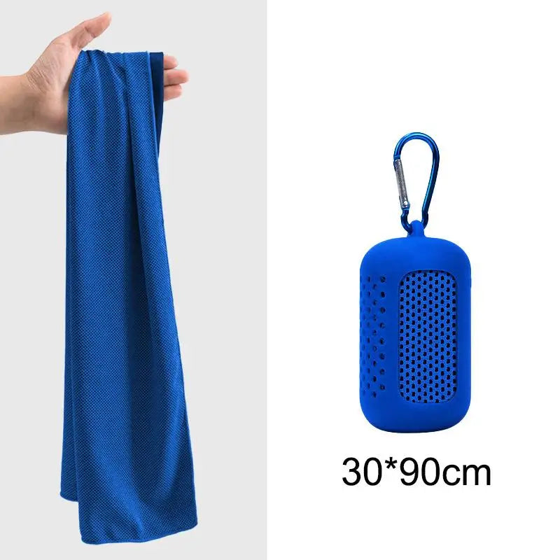 Cooling towel packed away in its silicone case for travel