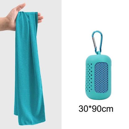 Cooling towel and case shown in multiple colour options