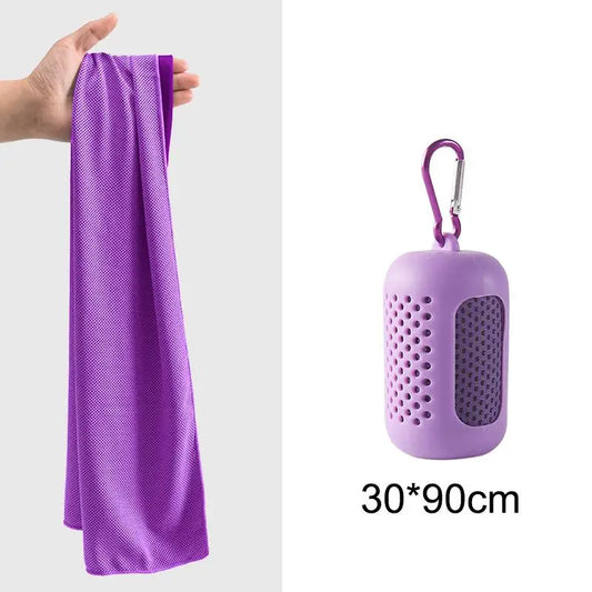 Cooling towel with clip-on silicone carry case and aluminum carabiner