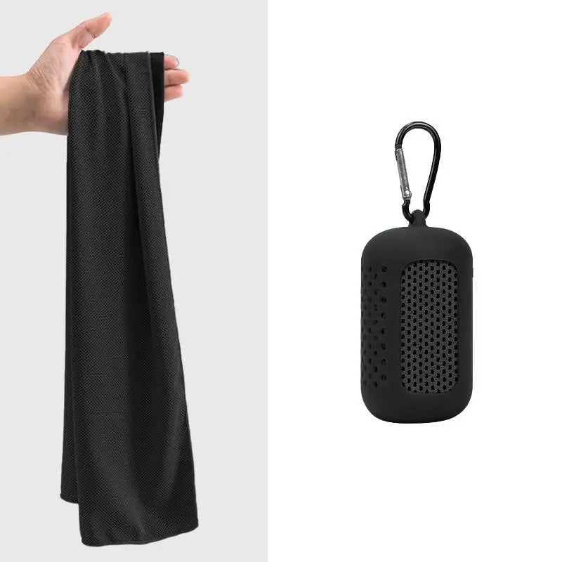 Cooling towel with clip-on case for gym, beach and outdoor use