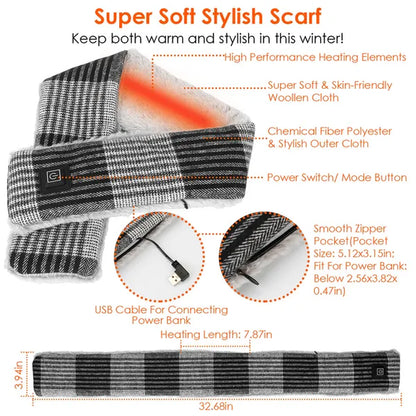Electric Heated Scarf USB Heating Neck Wrap Unisex Winter Heated